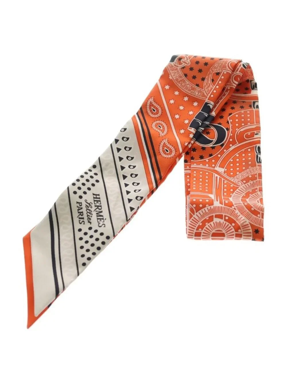 Hermes Eperon D'or Cut Apron Cut Bandana Pattern Silk Scarf Orange White